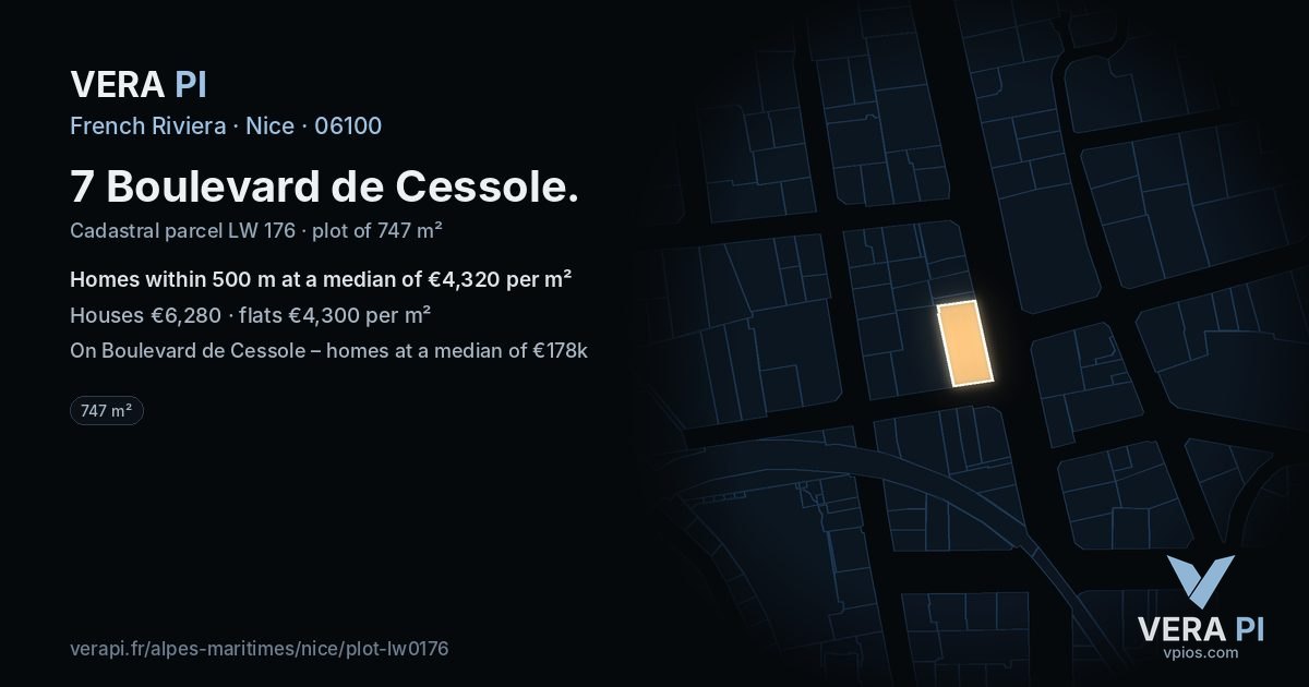 7 Boulevard de Cessole, Nice at night – the plot lit, the parcels around coloured by the prices near them