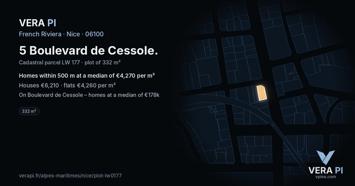 5 Boulevard de Cessole, Nice at night – the plot lit, the parcels around coloured by the prices near them