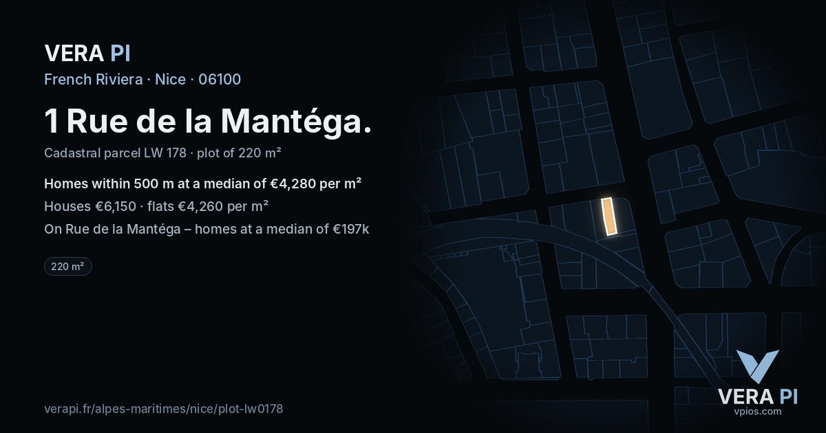 1 Rue de la Mantéga, Nice at night – the plot lit, the parcels around coloured by the prices near them