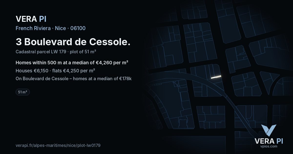 3 Boulevard de Cessole, Nice at night – the plot lit, the parcels around coloured by the prices near them