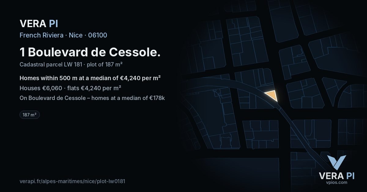1 Boulevard de Cessole, Nice at night – the plot lit, the parcels around coloured by the prices near them