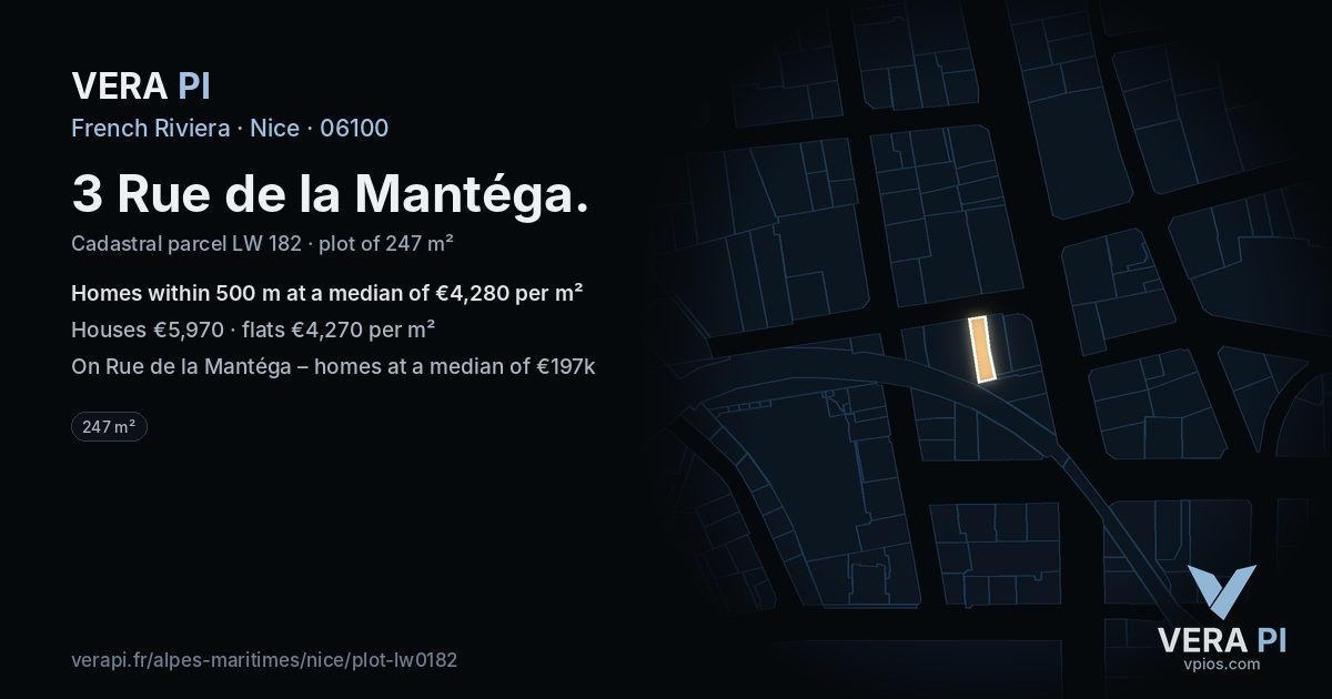 3 Rue de la Mantéga, Nice at night – the plot lit, the parcels around coloured by the prices near them