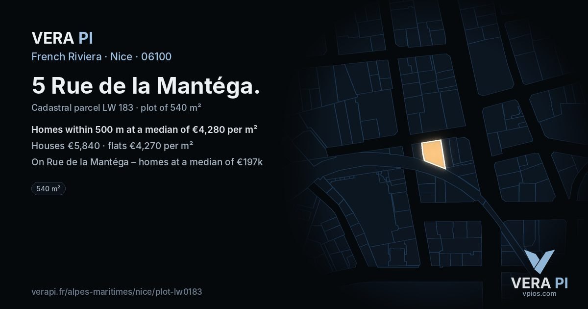 5 Rue de la Mantéga, Nice at night – the plot lit, the parcels around coloured by the prices near them