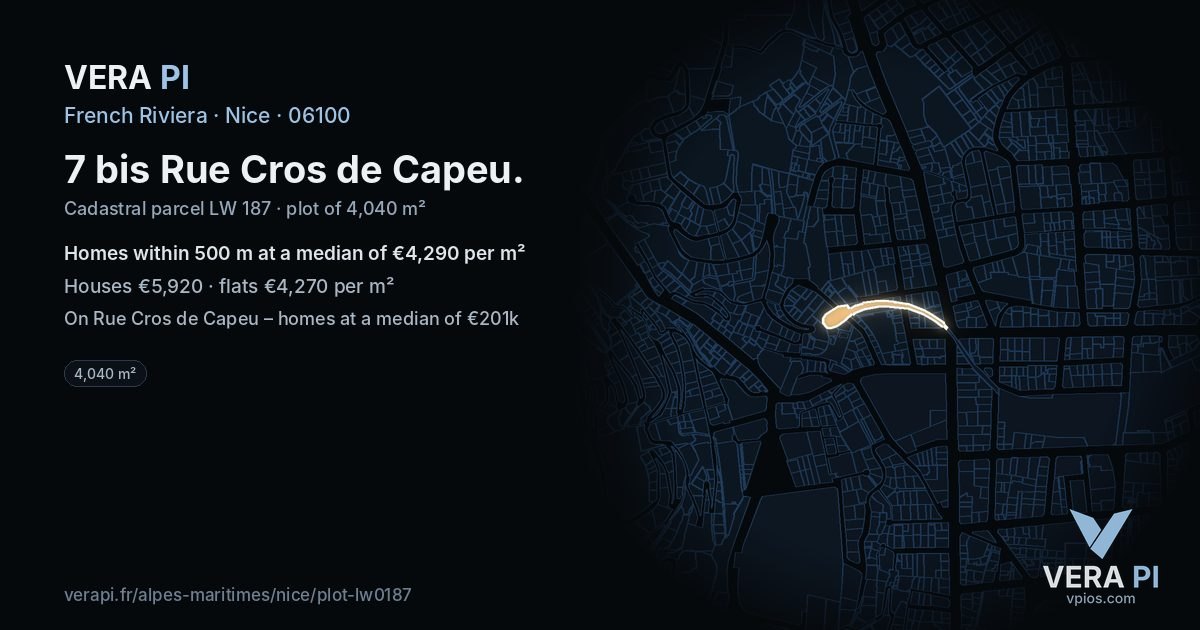 7 bis Rue Cros de Capeu, Nice at night – the plot lit, the parcels around coloured by the prices near them