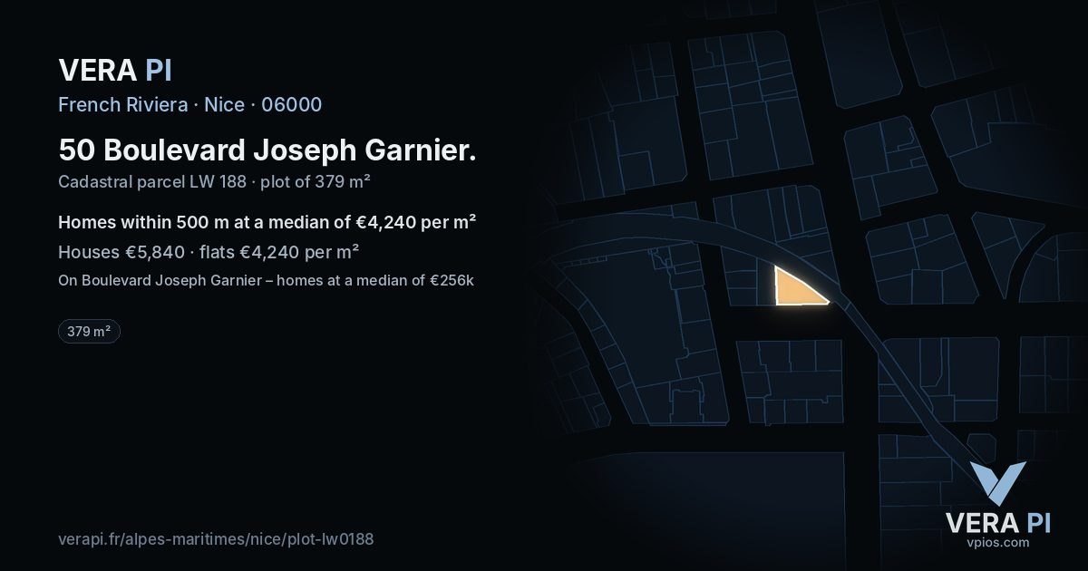 50 Boulevard Joseph Garnier, Nice at night – the plot lit, the parcels around coloured by the prices near them