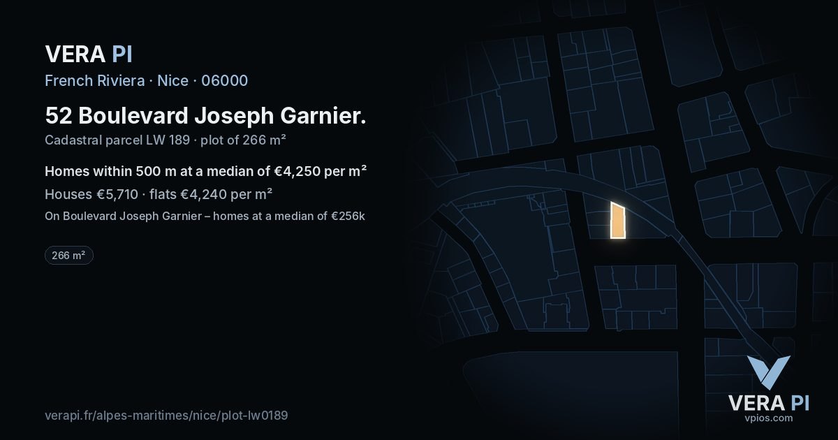 52 Boulevard Joseph Garnier, Nice at night – the plot lit, the parcels around coloured by the prices near them
