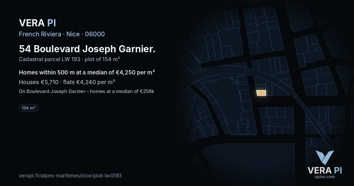 54 Boulevard Joseph Garnier, Nice at night – the plot lit, the parcels around coloured by the prices near them