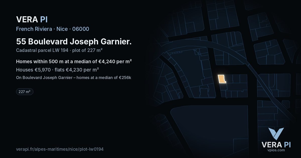 55 Boulevard Joseph Garnier, Nice at night – the plot lit, the parcels around coloured by the prices near them