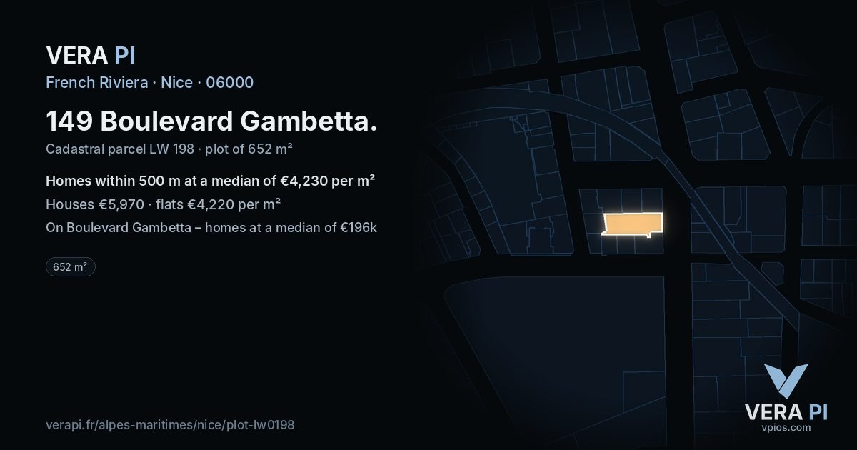 149 Boulevard Gambetta, Nice at night – the plot lit, the parcels around coloured by the prices near them