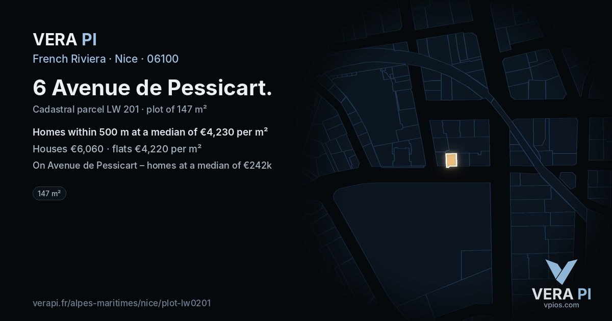 6 Avenue de Pessicart, Nice at night – the plot lit, the parcels around coloured by the prices near them