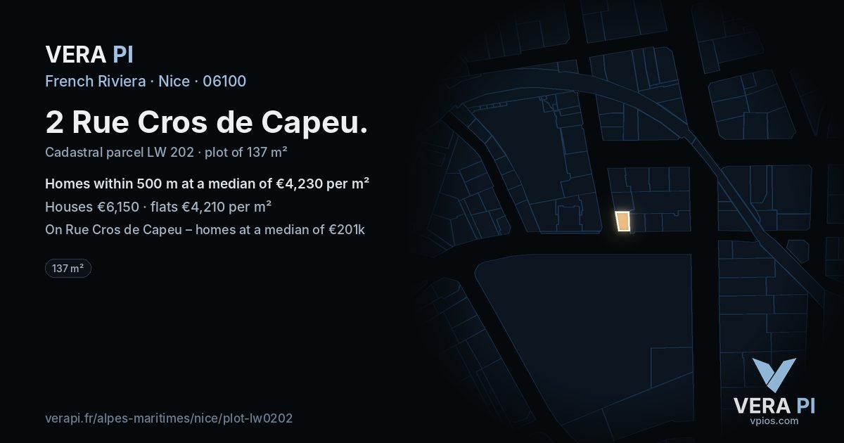2 Rue Cros de Capeu, Nice at night – the plot lit, the parcels around coloured by the prices near them
