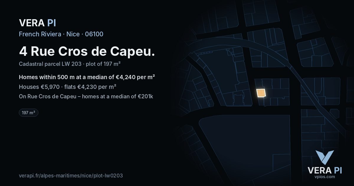 4 Rue Cros de Capeu, Nice at night – the plot lit, the parcels around coloured by the prices near them
