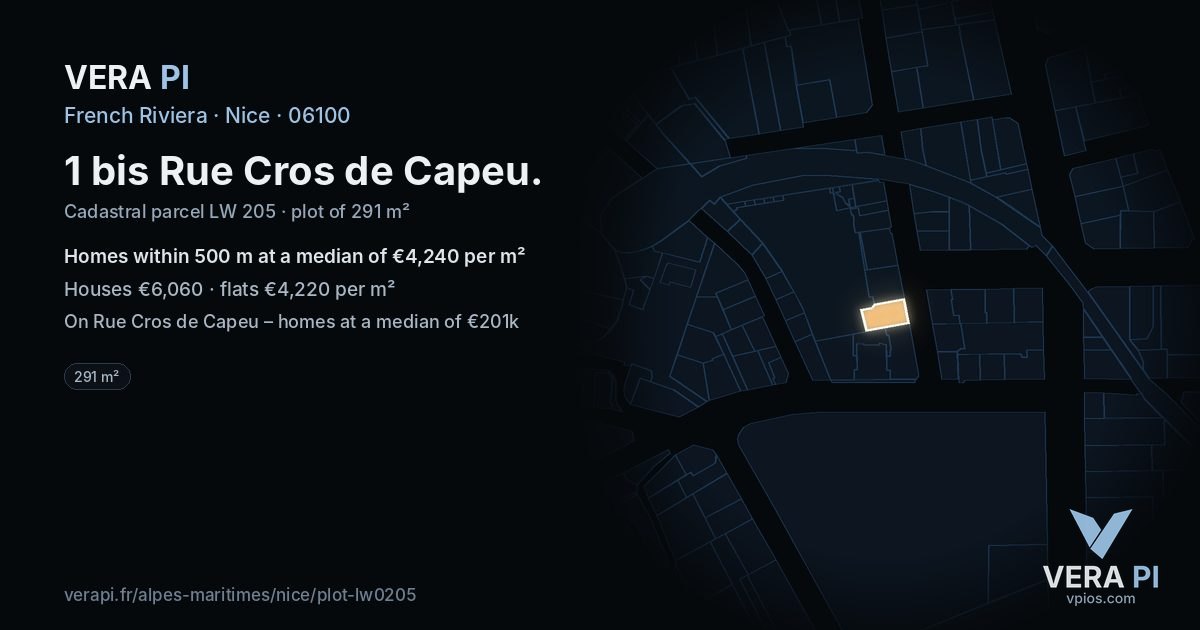 1 bis Rue Cros de Capeu, Nice at night – the plot lit, the parcels around coloured by the prices near them