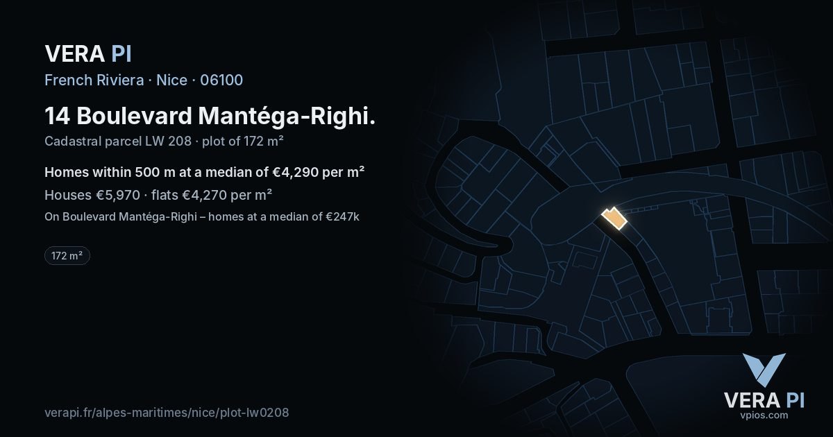 14 Boulevard Mantéga-Righi, Nice at night – the plot lit, the parcels around coloured by the prices near them