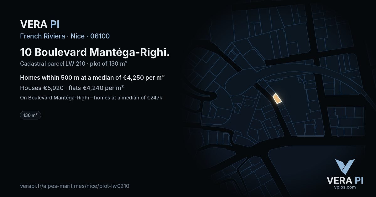 10 Boulevard Mantéga-Righi, Nice at night – the plot lit, the parcels around coloured by the prices near them