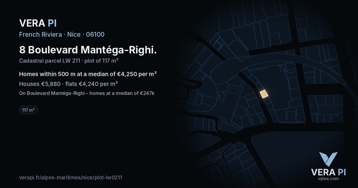 8 Boulevard Mantéga-Righi, Nice at night – the plot lit, the parcels around coloured by the prices near them