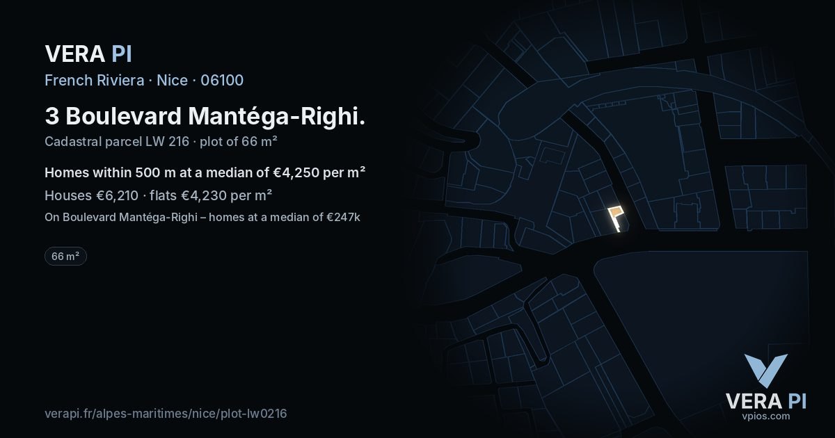 3 Boulevard Mantéga-Righi, Nice at night – the plot lit, the parcels around coloured by the prices near them