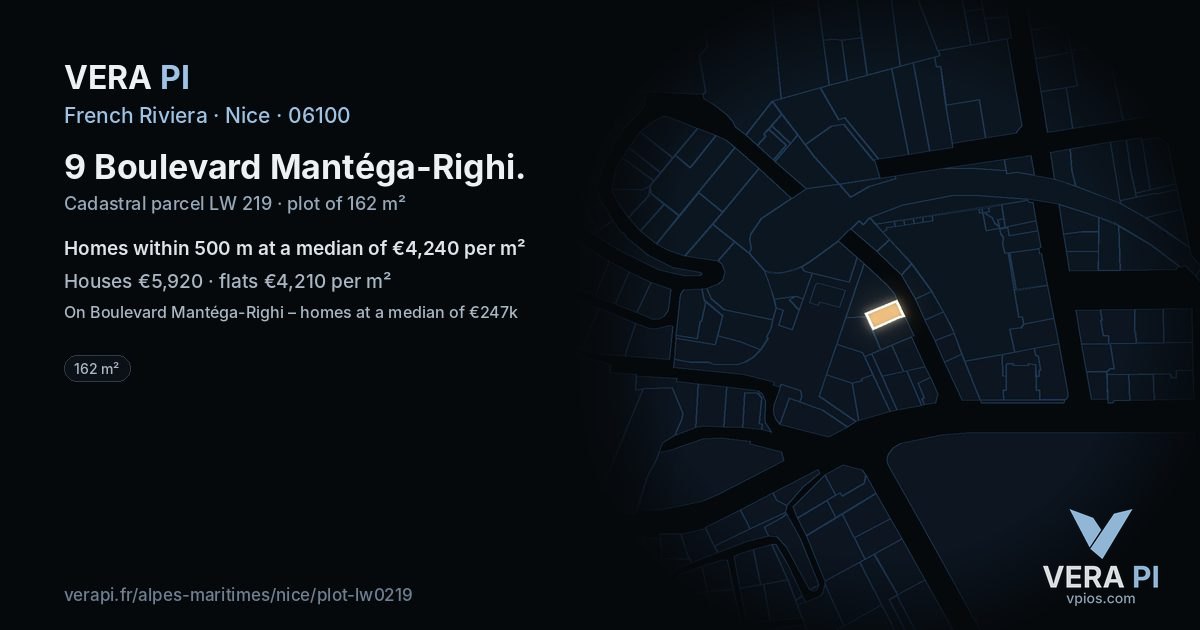 9 Boulevard Mantéga-Righi, Nice at night – the plot lit, the parcels around coloured by the prices near them