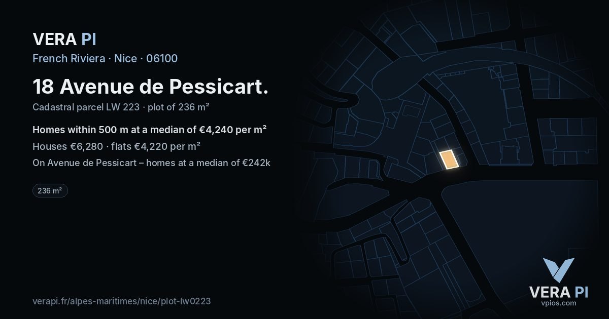 18 Avenue de Pessicart, Nice at night – the plot lit, the parcels around coloured by the prices near them
