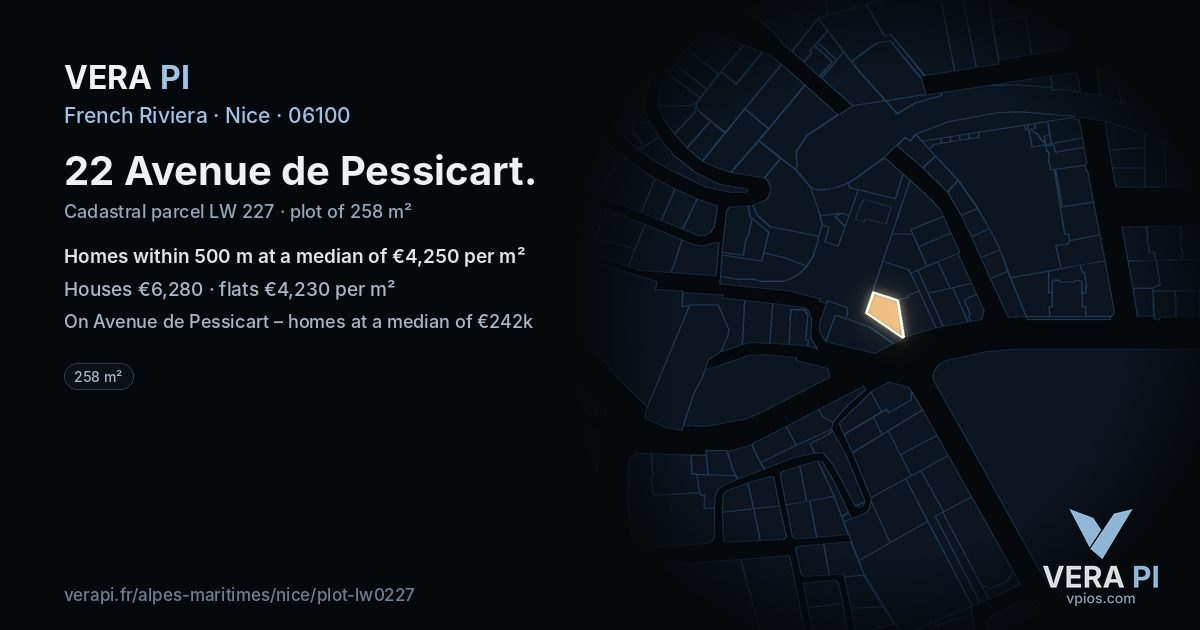 22 Avenue de Pessicart, Nice at night – the plot lit, the parcels around coloured by the prices near them
