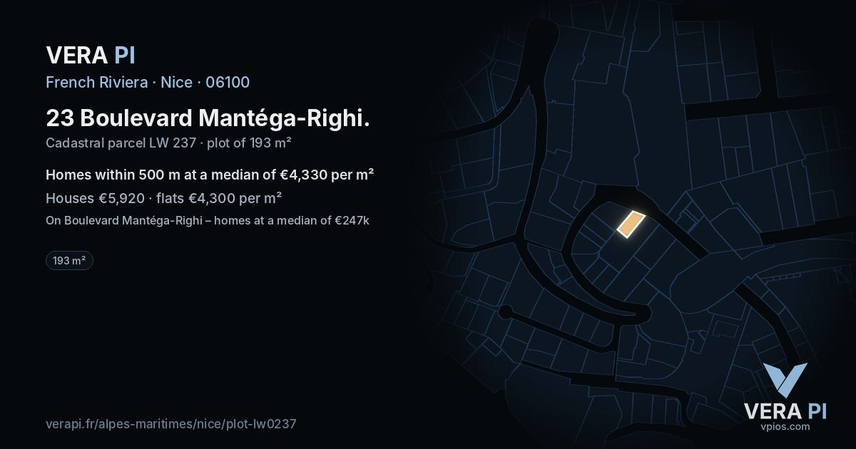 23 Boulevard Mantéga-Righi, Nice at night – the plot lit, the parcels around coloured by the prices near them
