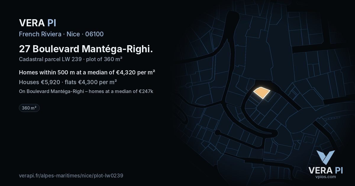 27 Boulevard Mantéga-Righi, Nice at night – the plot lit, the parcels around coloured by the prices near them