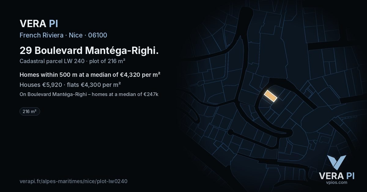 29 Boulevard Mantéga-Righi, Nice at night – the plot lit, the parcels around coloured by the prices near them