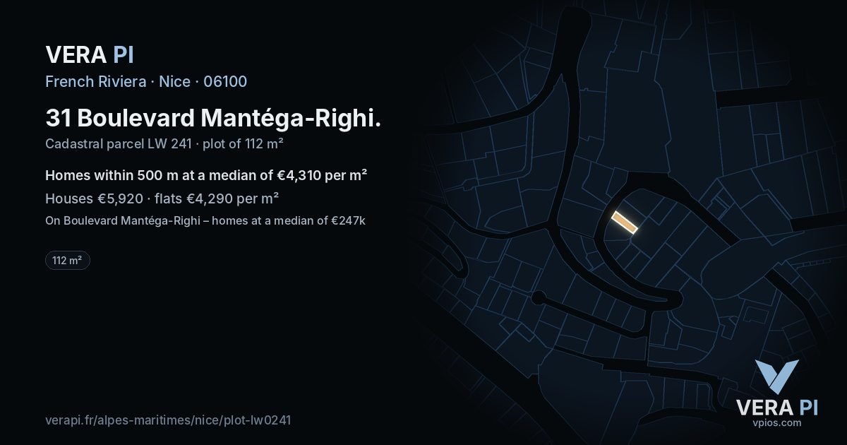 31 Boulevard Mantéga-Righi, Nice at night – the plot lit, the parcels around coloured by the prices near them