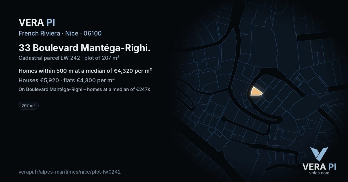 33 Boulevard Mantéga-Righi, Nice at night – the plot lit, the parcels around coloured by the prices near them