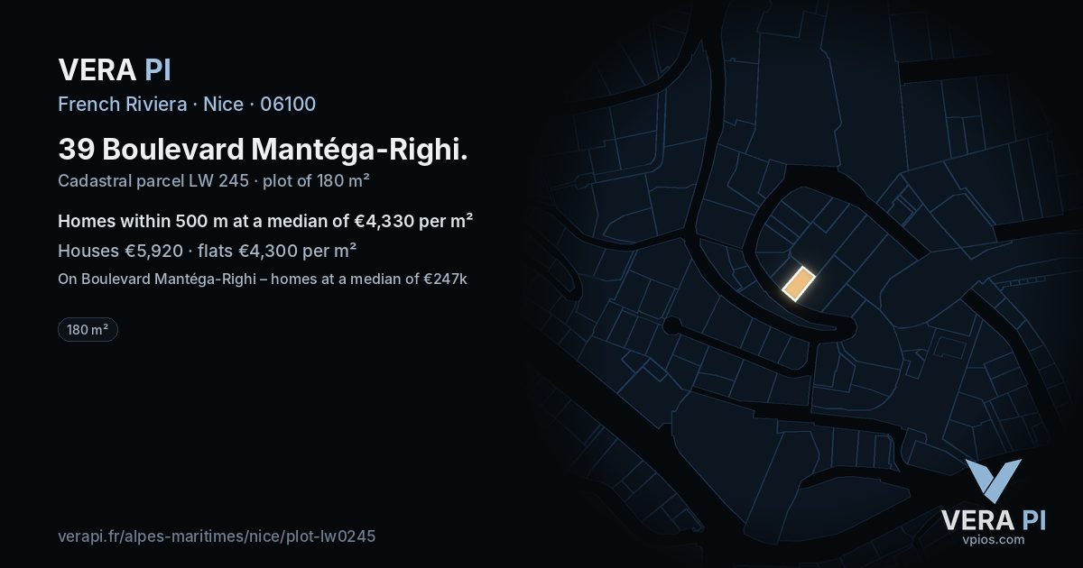 39 Boulevard Mantéga-Righi, Nice at night – the plot lit, the parcels around coloured by the prices near them