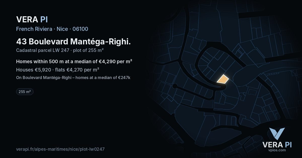 43 Boulevard Mantéga-Righi, Nice at night – the plot lit, the parcels around coloured by the prices near them
