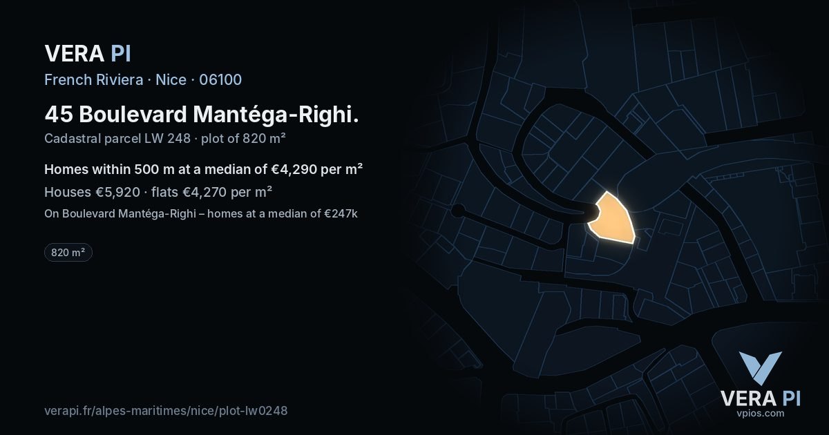 45 Boulevard Mantéga-Righi, Nice at night – the plot lit, the parcels around coloured by the prices near them