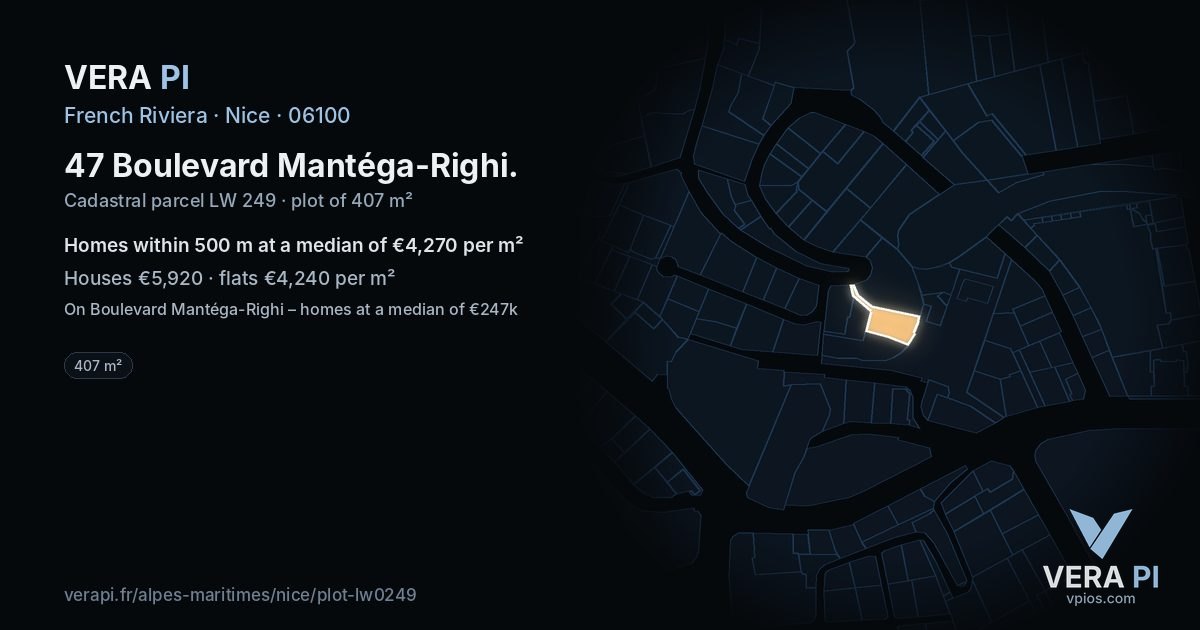 47 Boulevard Mantéga-Righi, Nice at night – the plot lit, the parcels around coloured by the prices near them