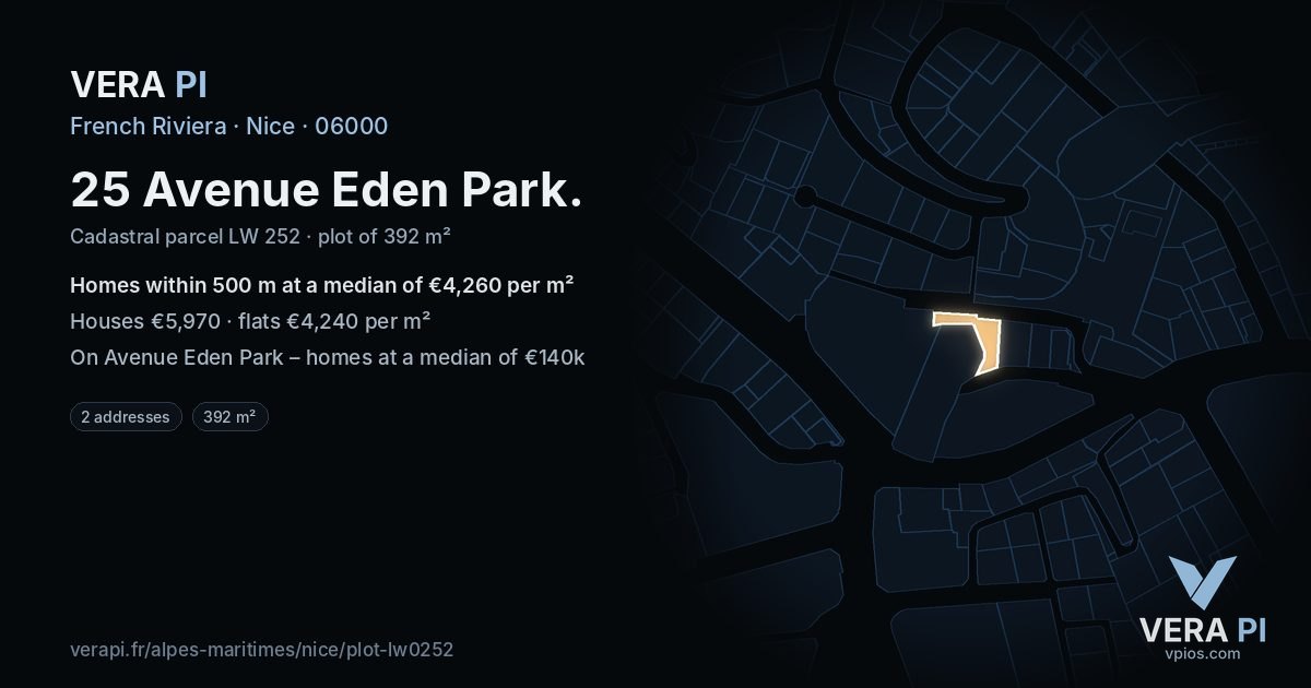 25 Avenue Eden Park, Nice at night – the plot lit, the parcels around coloured by the prices near them