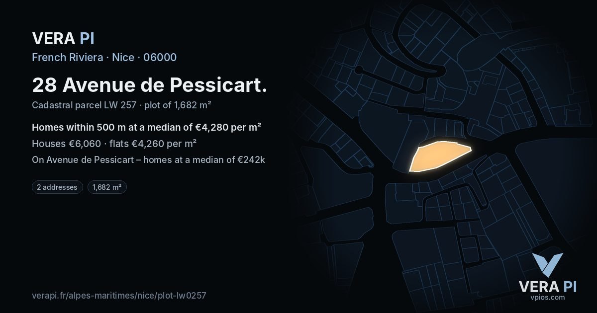 28 Avenue de Pessicart, Nice at night – the plot lit, the parcels around coloured by the prices near them