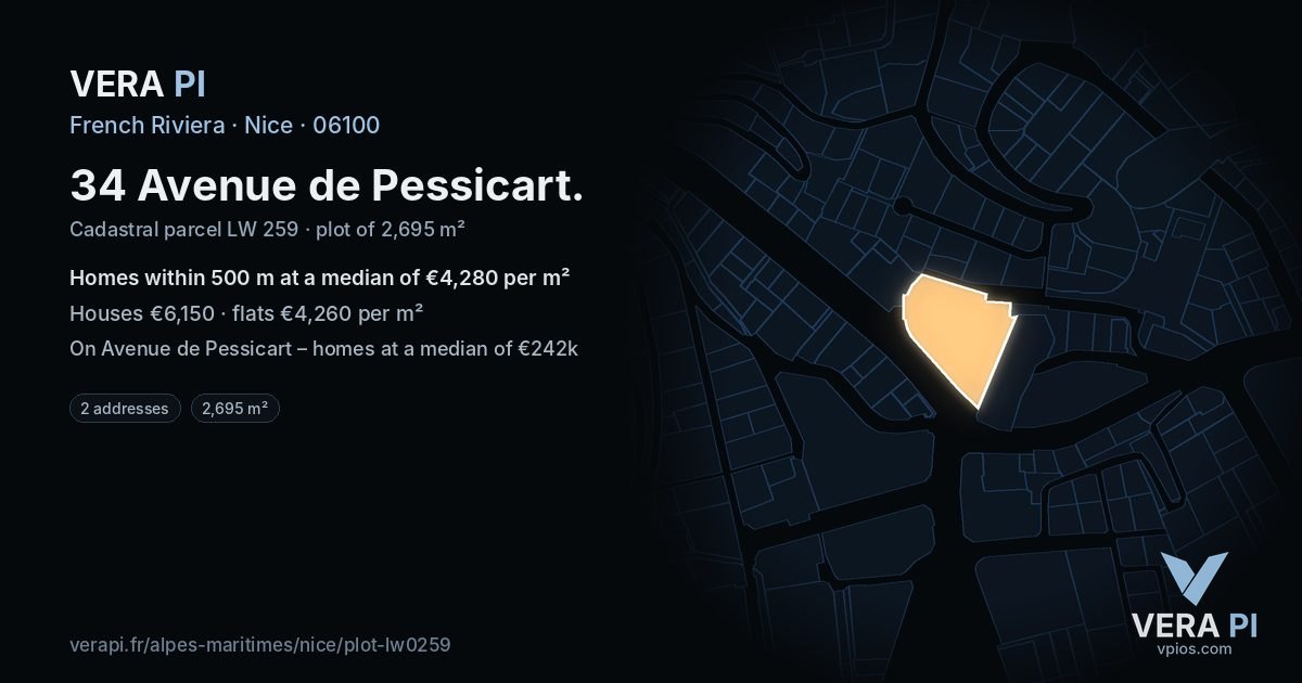 34 Avenue de Pessicart, Nice at night – the plot lit, the parcels around coloured by the prices near them