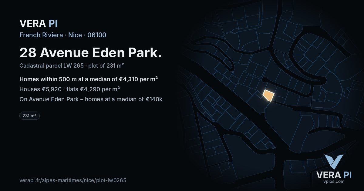 28 Avenue Eden Park, Nice at night – the plot lit, the parcels around coloured by the prices near them