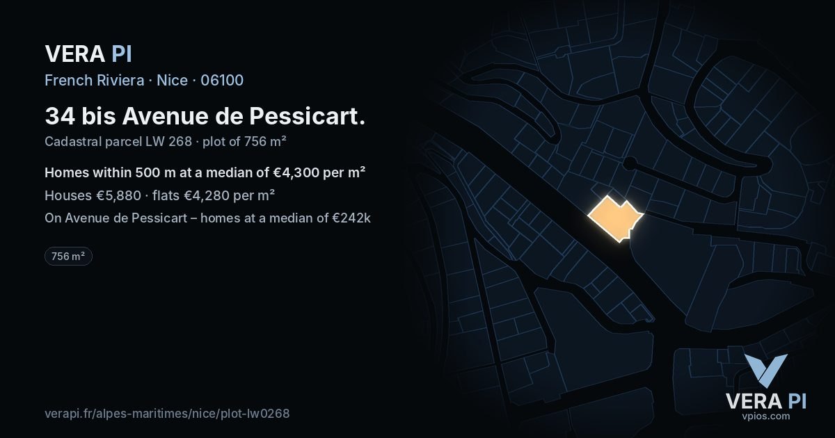 34 bis Avenue de Pessicart, Nice at night – the plot lit, the parcels around coloured by the prices near them