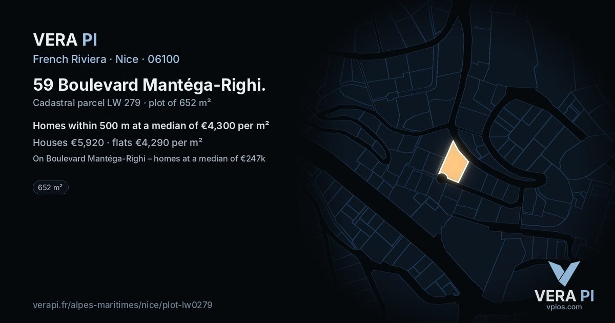 59 Boulevard Mantéga-Righi, Nice at night – the plot lit, the parcels around coloured by the prices near them