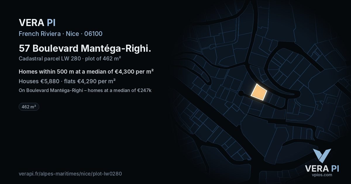 57 Boulevard Mantéga-Righi, Nice at night – the plot lit, the parcels around coloured by the prices near them