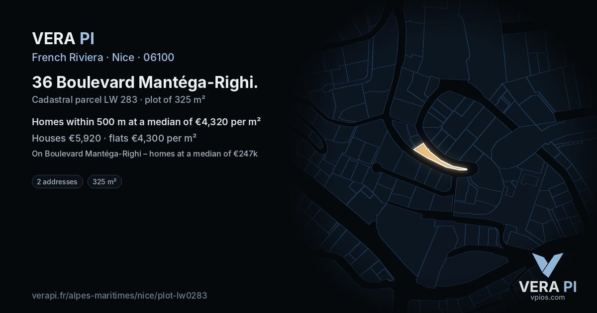 36 Boulevard Mantéga-Righi, Nice at night – the plot lit, the parcels around coloured by the prices near them