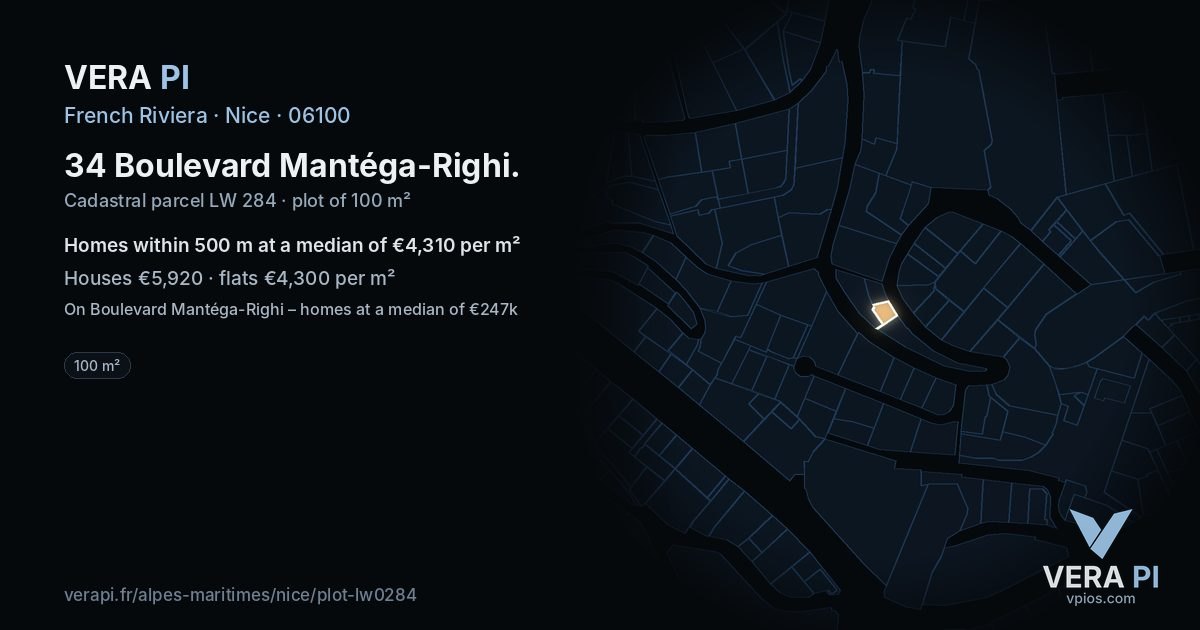 34 Boulevard Mantéga-Righi, Nice at night – the plot lit, the parcels around coloured by the prices near them