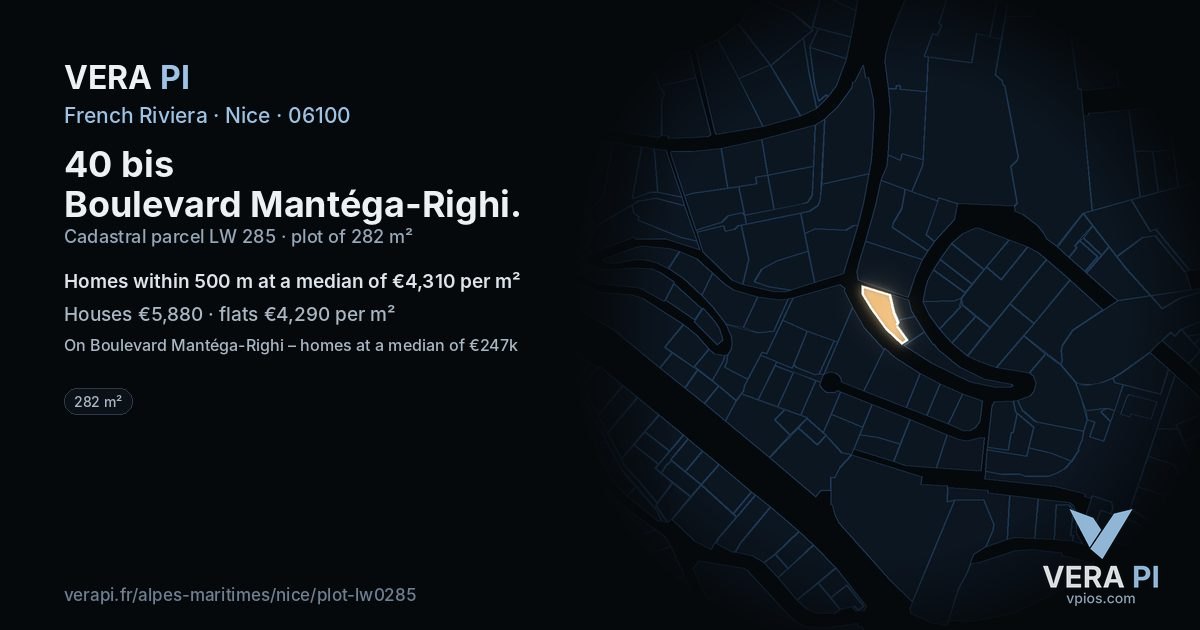 40 bis Boulevard Mantéga-Righi, Nice at night – the plot lit, the parcels around coloured by the prices near them