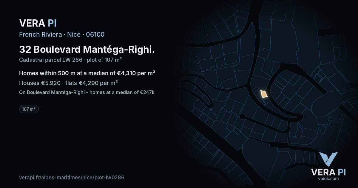 32 Boulevard Mantéga-Righi, Nice at night – the plot lit, the parcels around coloured by the prices near them