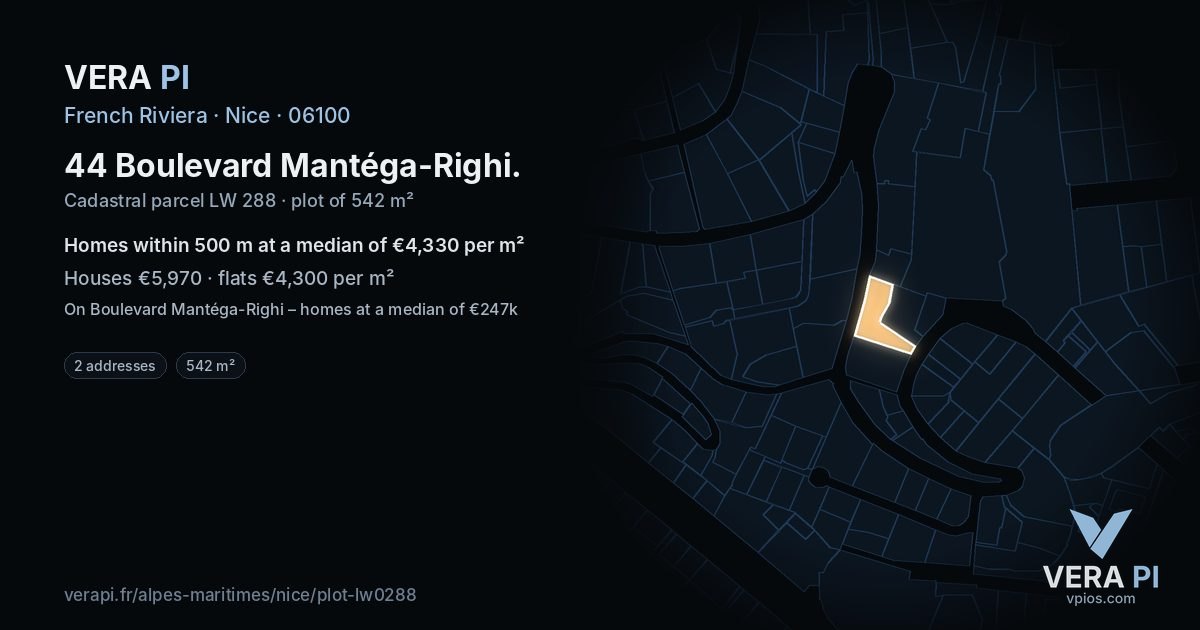 44 Boulevard Mantéga-Righi, Nice at night – the plot lit, the parcels around coloured by the prices near them