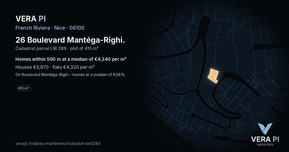 26 Boulevard Mantéga-Righi, Nice at night – the plot lit, the parcels around coloured by the prices near them