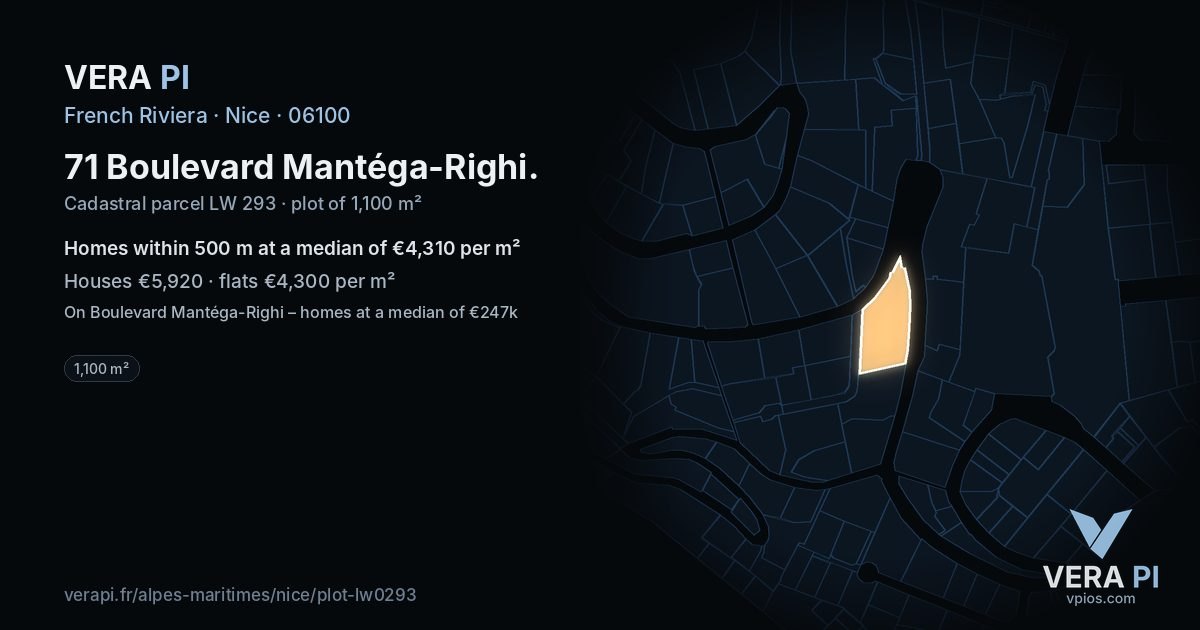 71 Boulevard Mantéga-Righi, Nice at night – the plot lit, the parcels around coloured by the prices near them