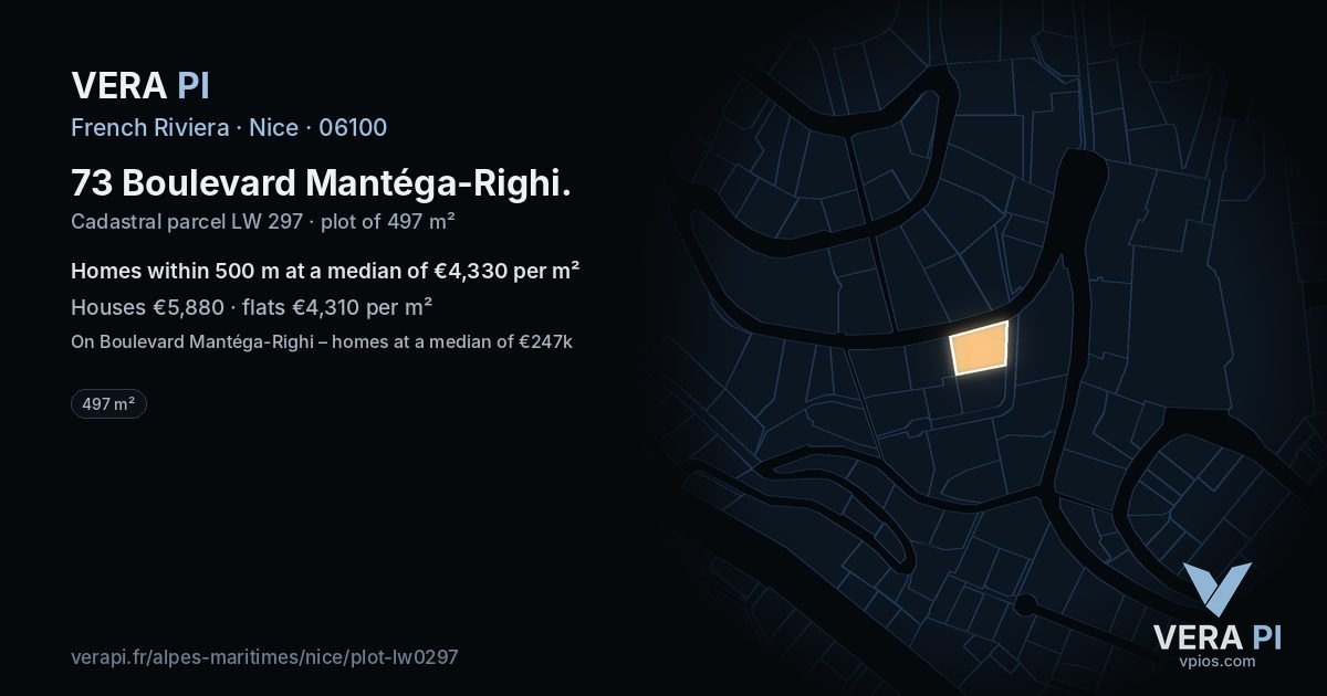 73 Boulevard Mantéga-Righi, Nice at night – the plot lit, the parcels around coloured by the prices near them