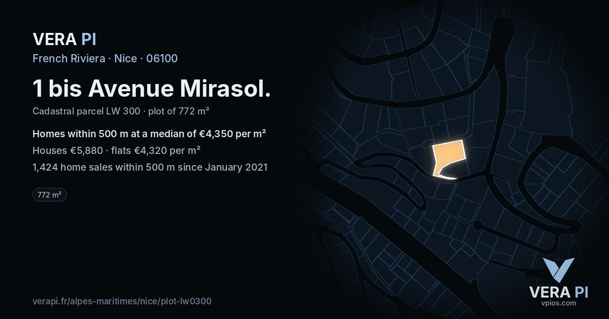 1 bis Avenue Mirasol, Nice at night – the plot lit, the parcels around coloured by the prices near them