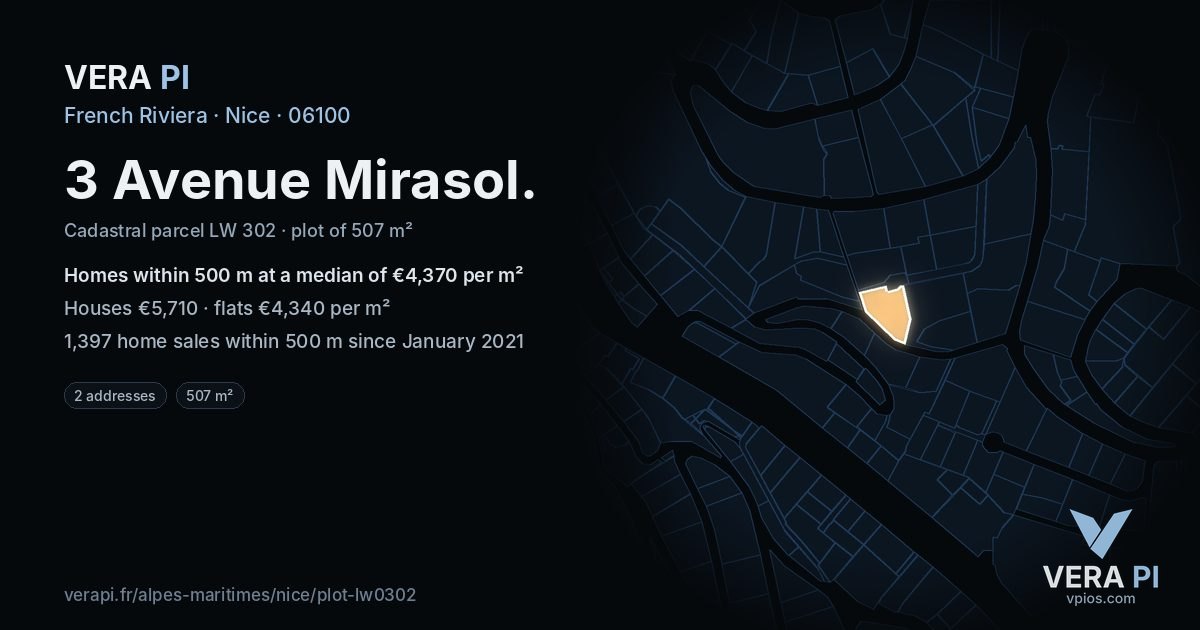 3 Avenue Mirasol, Nice at night – the plot lit, the parcels around coloured by the prices near them